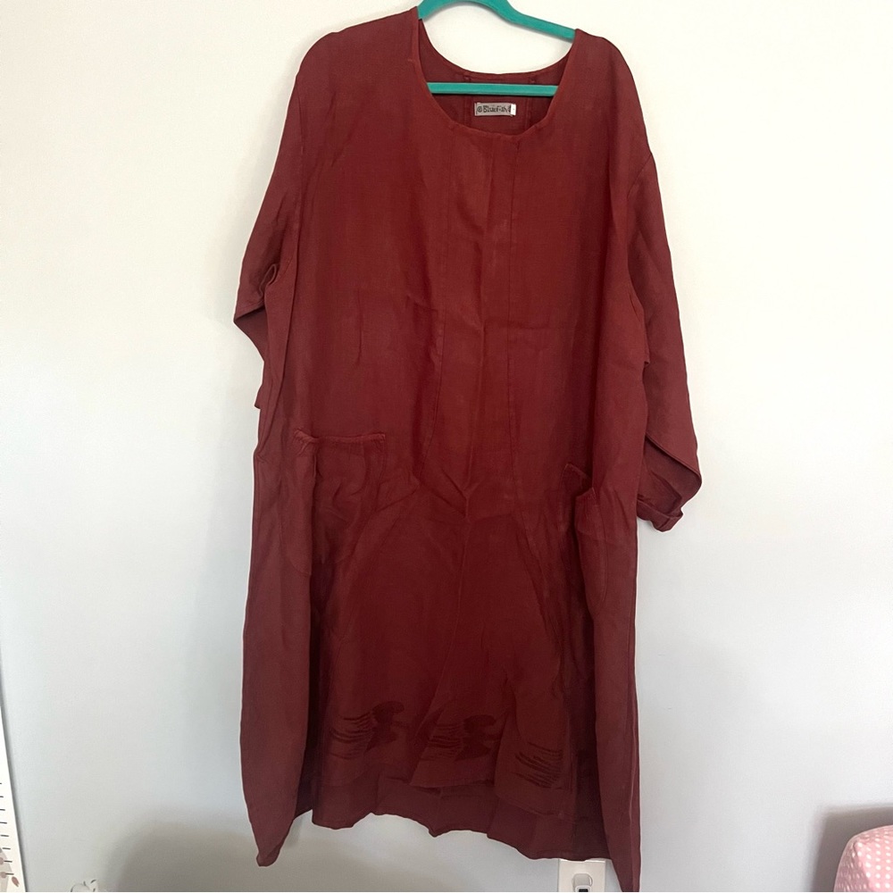 Blue Fish Handpainted Maroon Red Linen Plus Size Dress Size 2 XXL Bird Relaxed